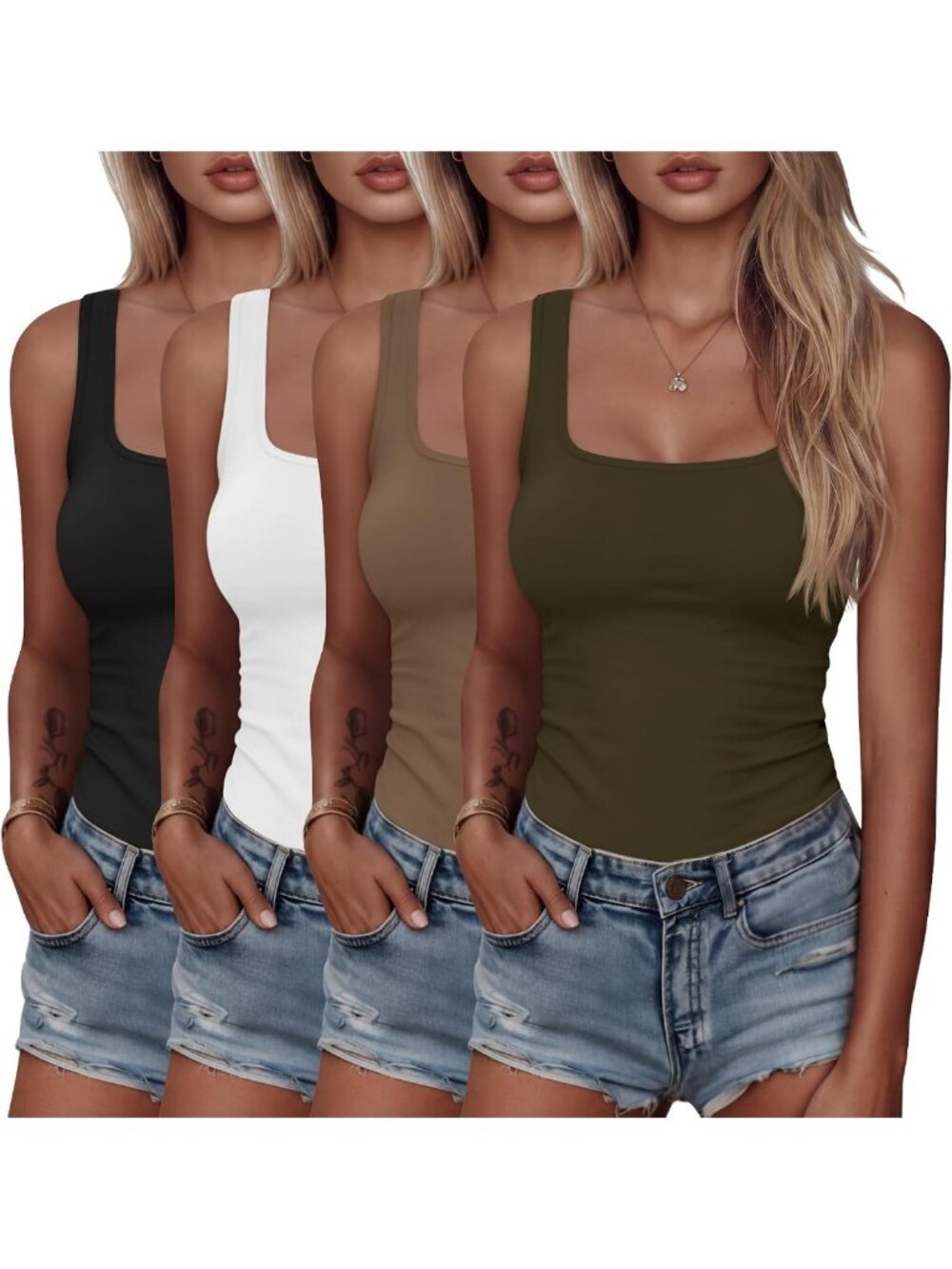 4 Pack Women's Square Neck Tank Tops - Stylish, Comfortable, Versatile Basics